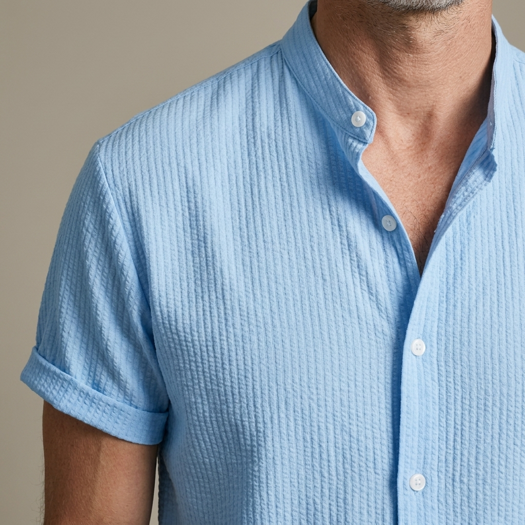 Close-up of Men's Band Collar Light Blue Textured Shirt detail