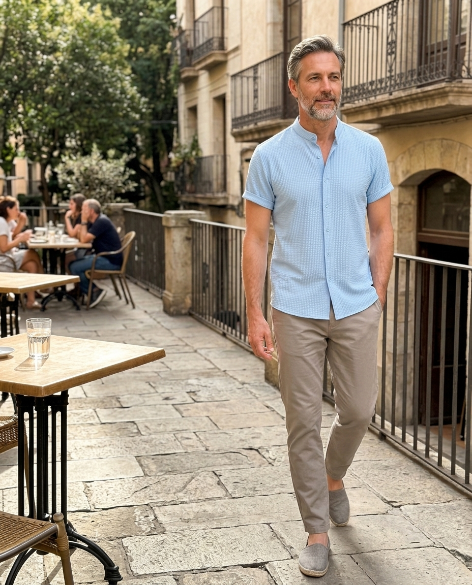 Men's Band Collar Light Blue Textured Shirt worn in an everyday street setting
