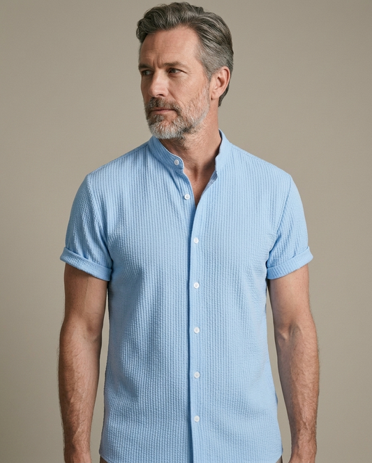 Men's Band Collar Light Blue Textured Shirt worn by a model, close waist-up view