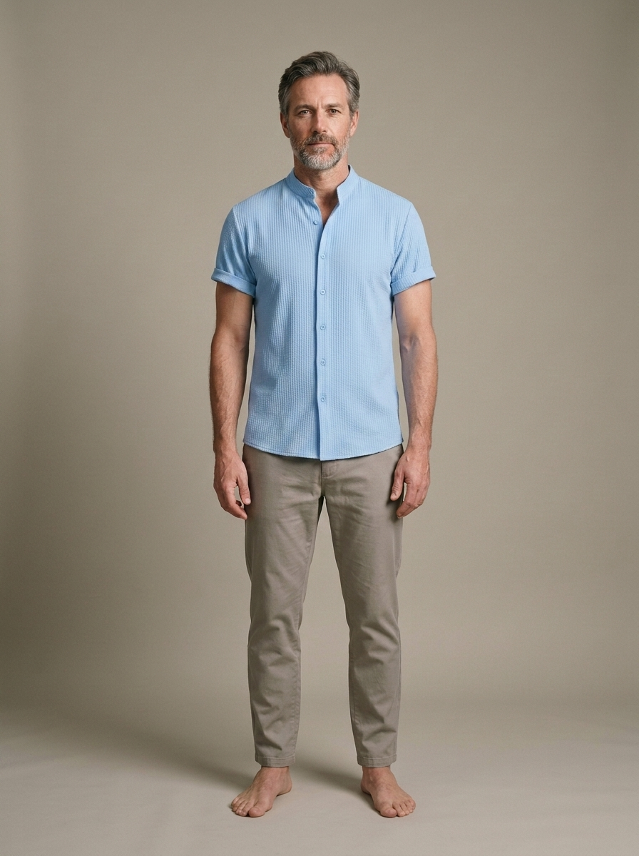 Men's Band Collar Light Blue Textured Shirt worn by a model, front view