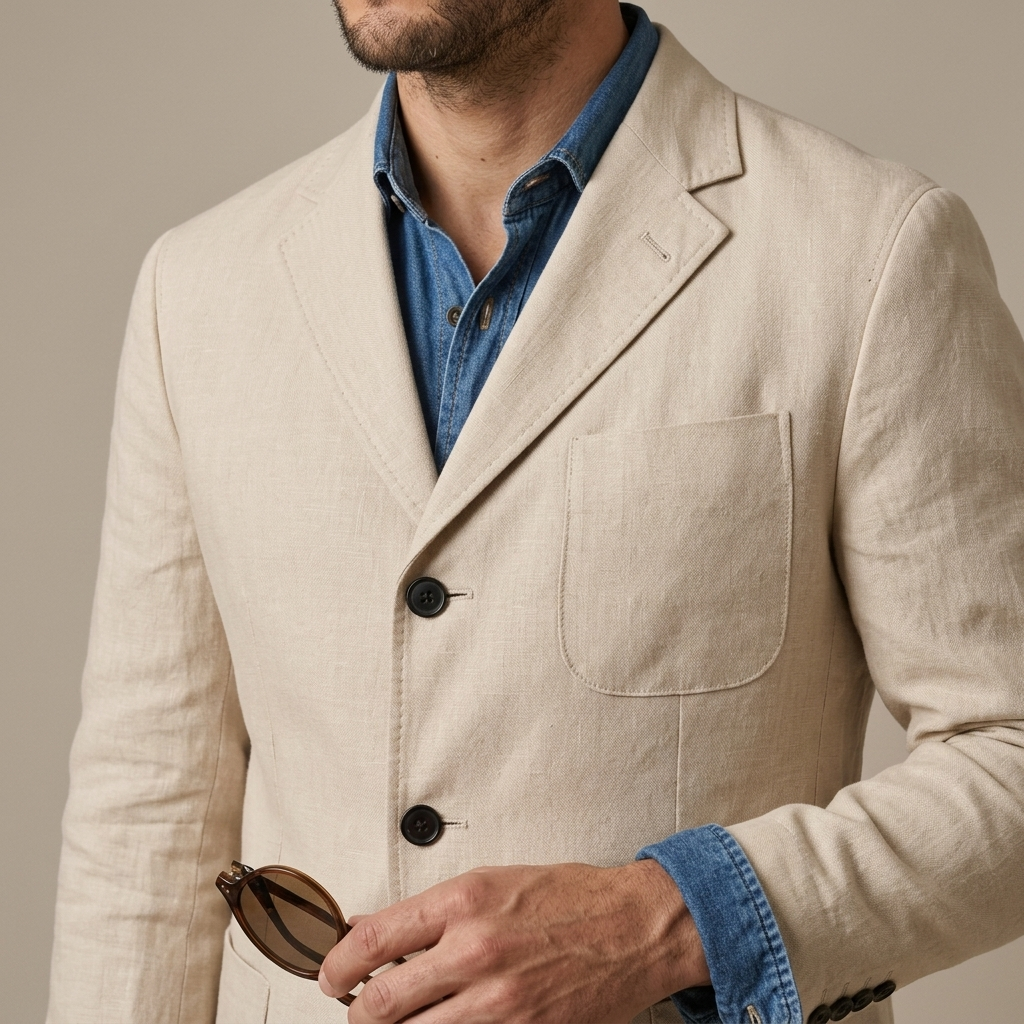 Close-up of Men's Beige Linen Blend Casual Blazer detail