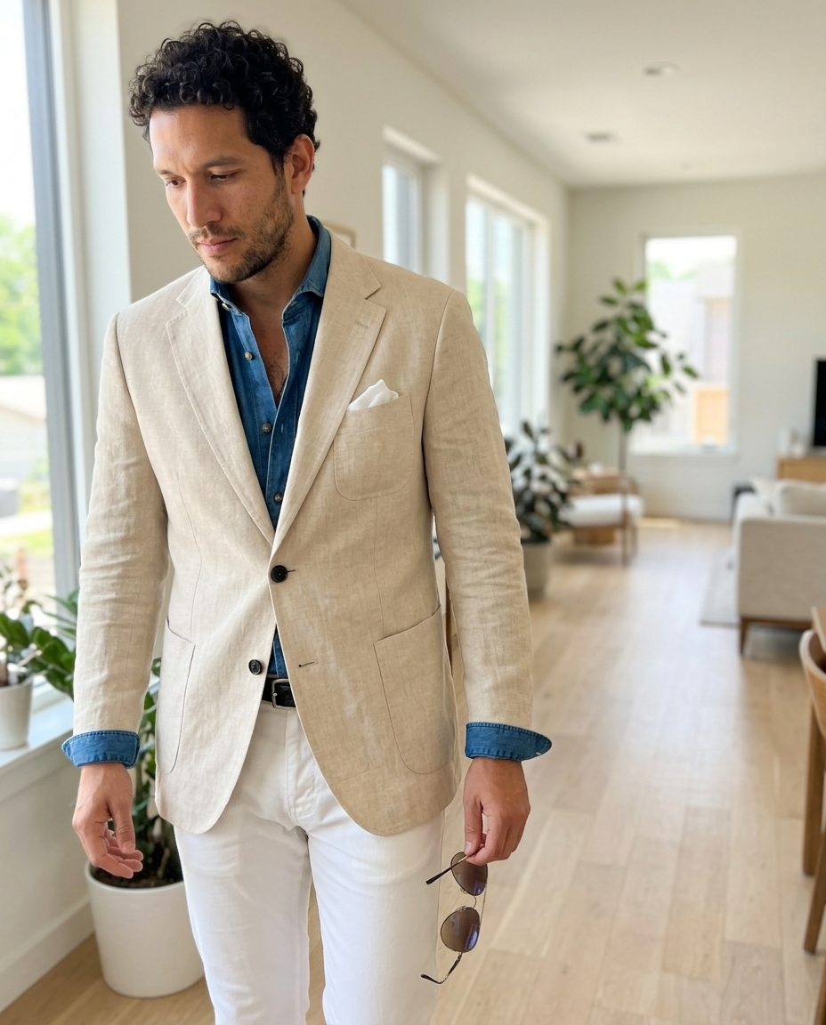 Men's Beige Linen Blend Casual Blazer styled in a daylight interior setting