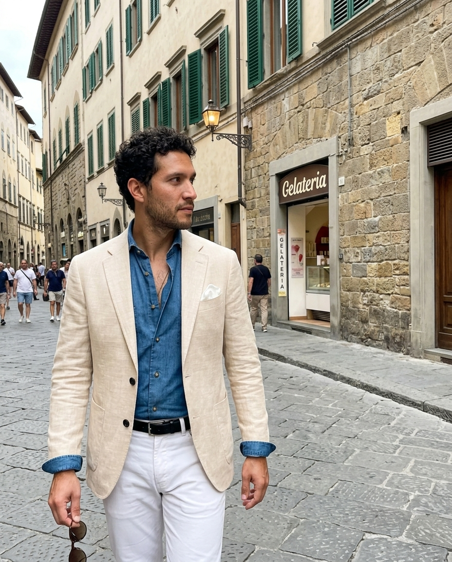 Men's Beige Linen Blend Casual Blazer worn in an everyday street setting