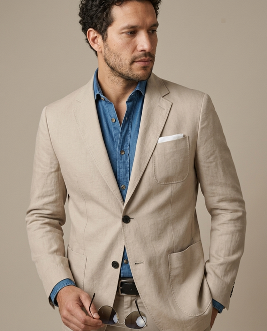 Men's Beige Linen Blend Casual Blazer worn by a model, close waist-up view
