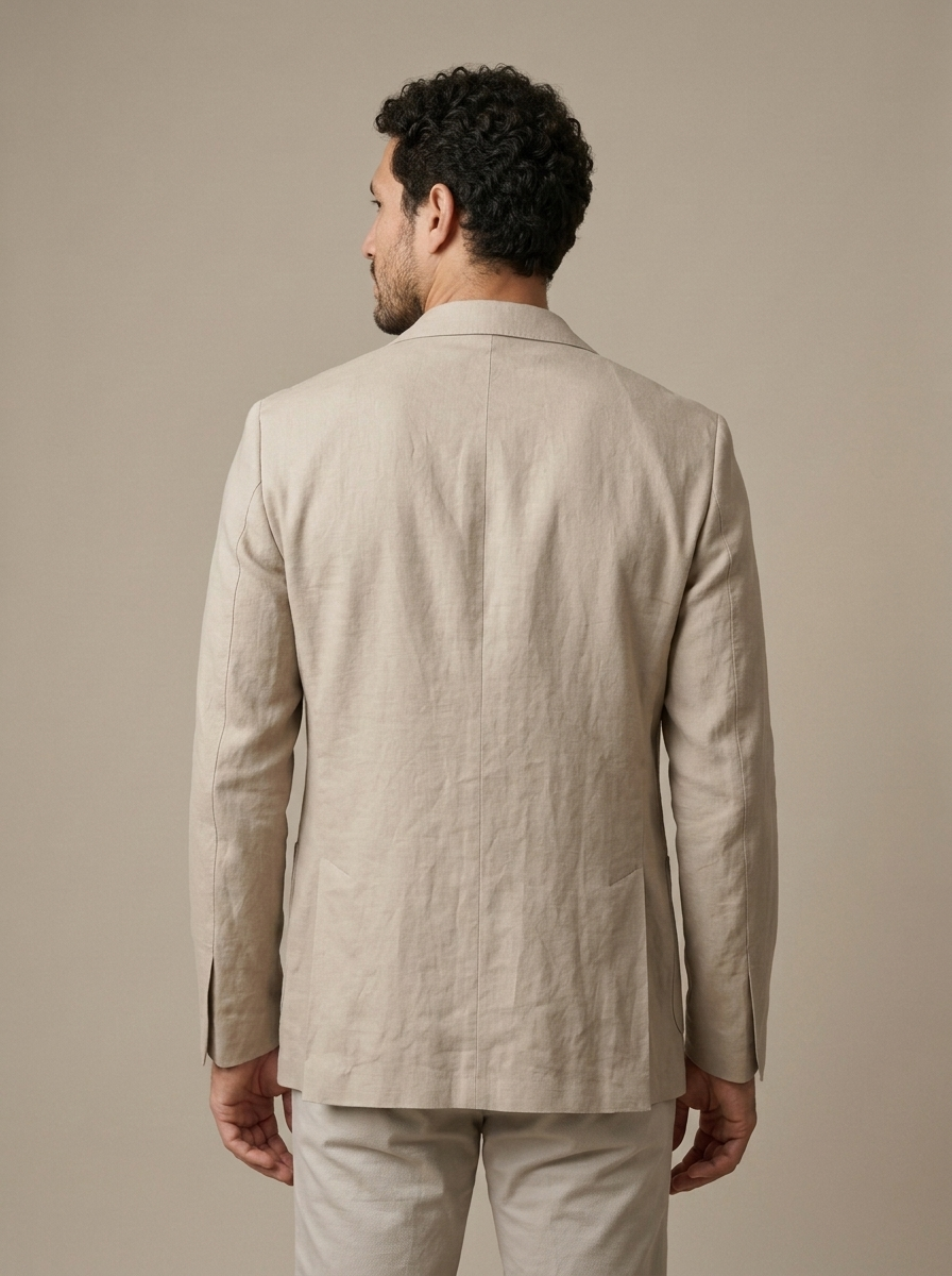 Men's Beige Linen Blend Casual Blazer worn by a model, back view