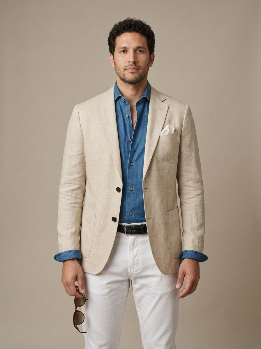 Men's Beige Linen Blend Casual Blazer worn by a model, front view