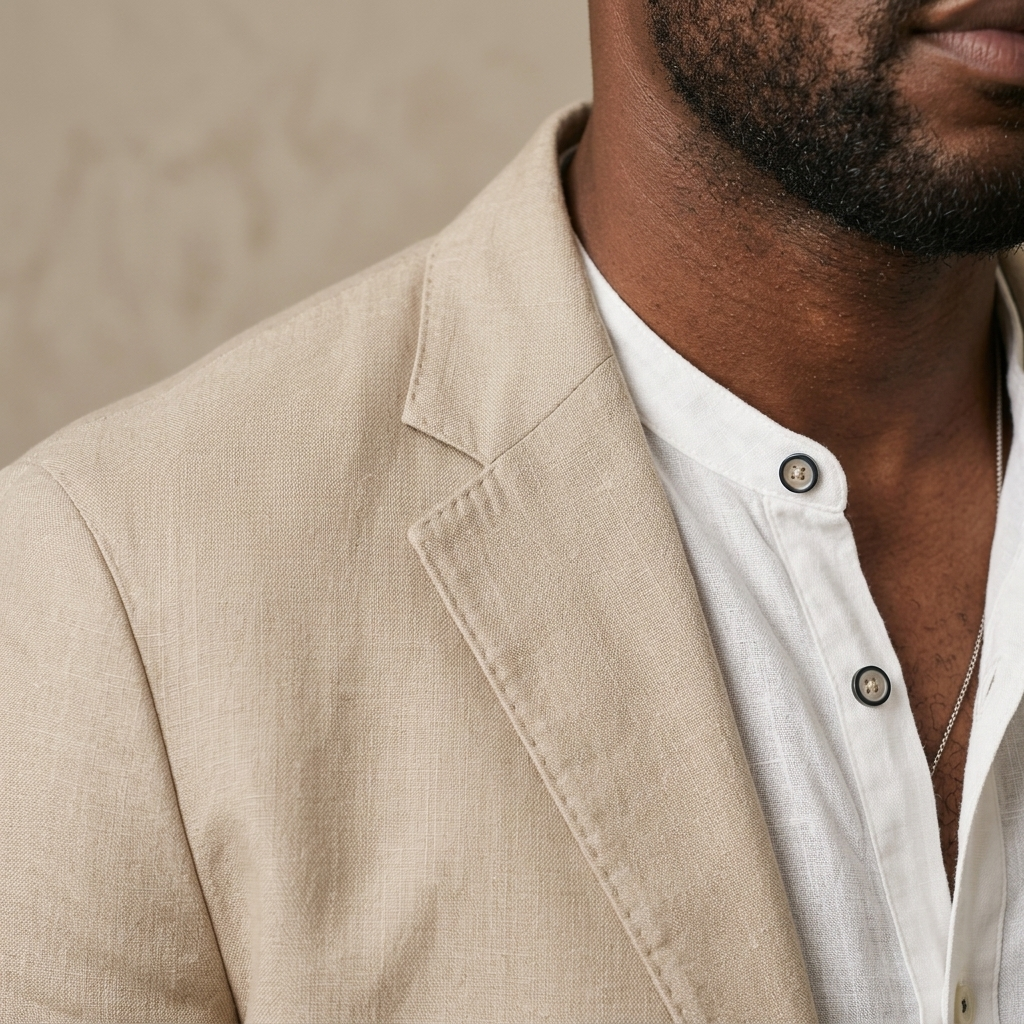Close-up of Men's Beige Linen Blend Notch Lapel Blazer detail