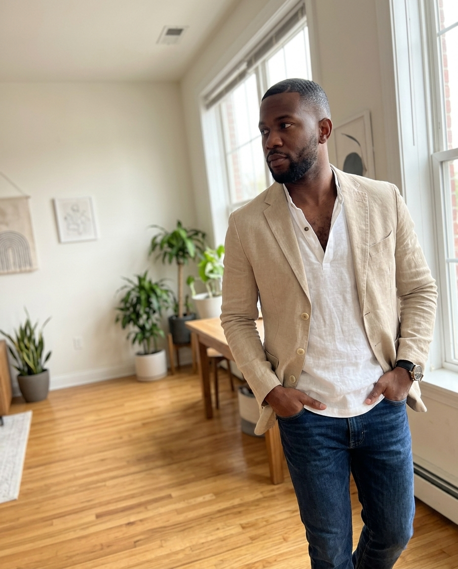 Men's Beige Linen Blend Notch Lapel Blazer styled in a daylight interior setting