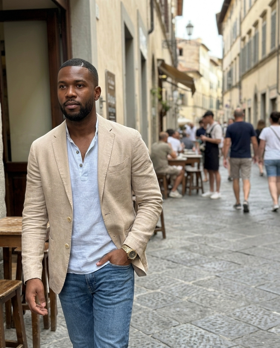 Men's Beige Linen Blend Notch Lapel Blazer worn in an everyday street setting