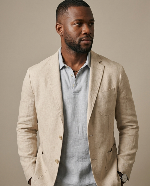 Men's Beige Linen Blend Notch Lapel Blazer worn by a model, close waist-up view