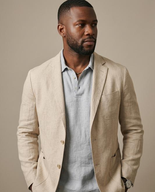Men's Beige Linen Blend Notch Lapel Blazer worn by a model, close waist-up view
