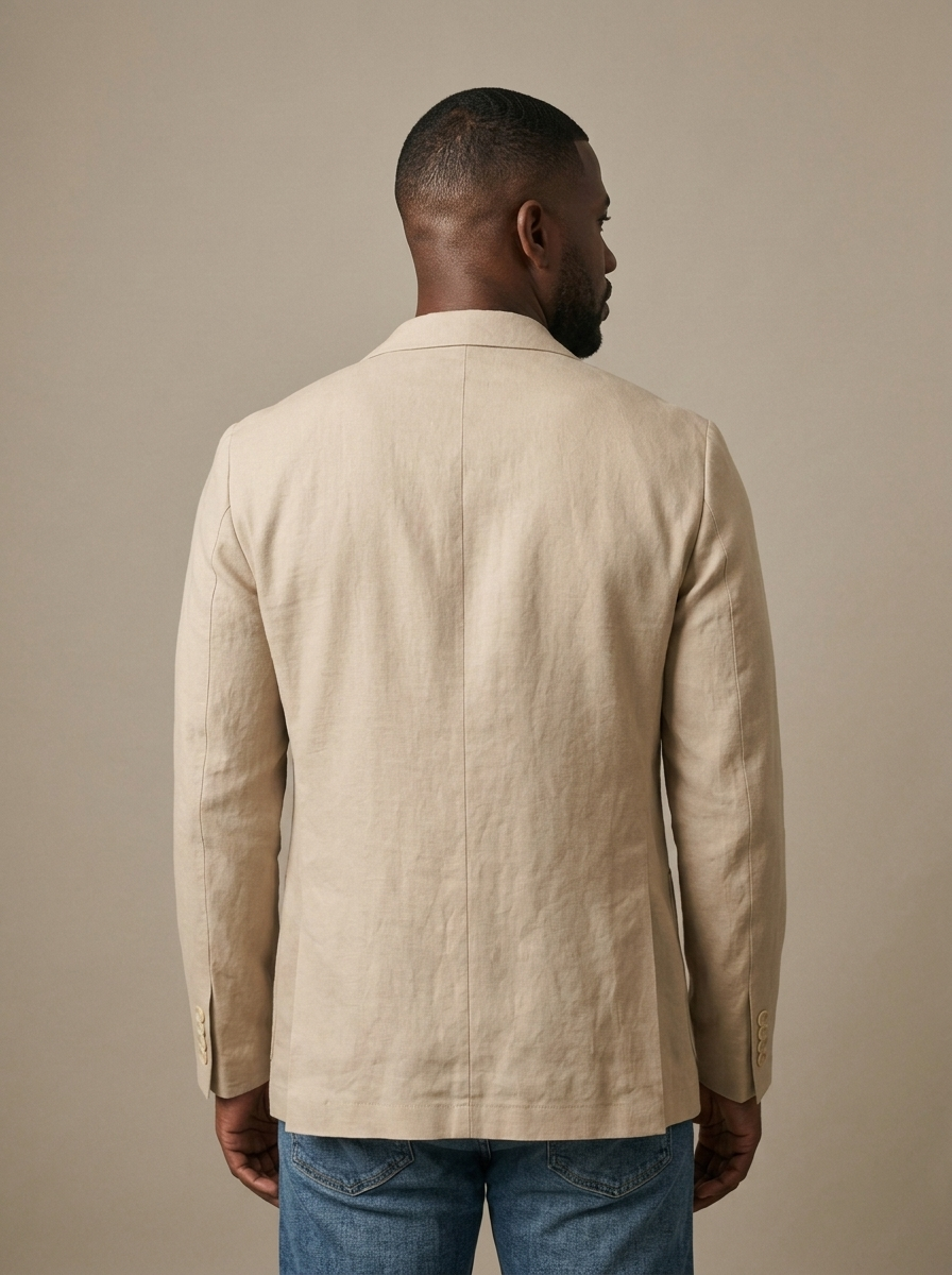 Men's Beige Linen Blend Notch Lapel Blazer worn by a model, back view