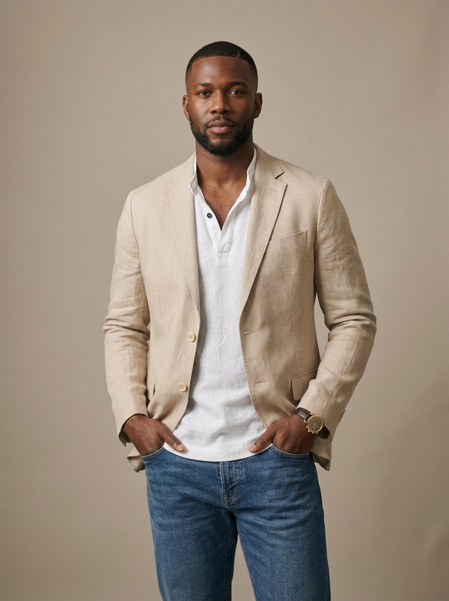 Men's Beige Linen Blend Notch Lapel Blazer worn by a model, front view