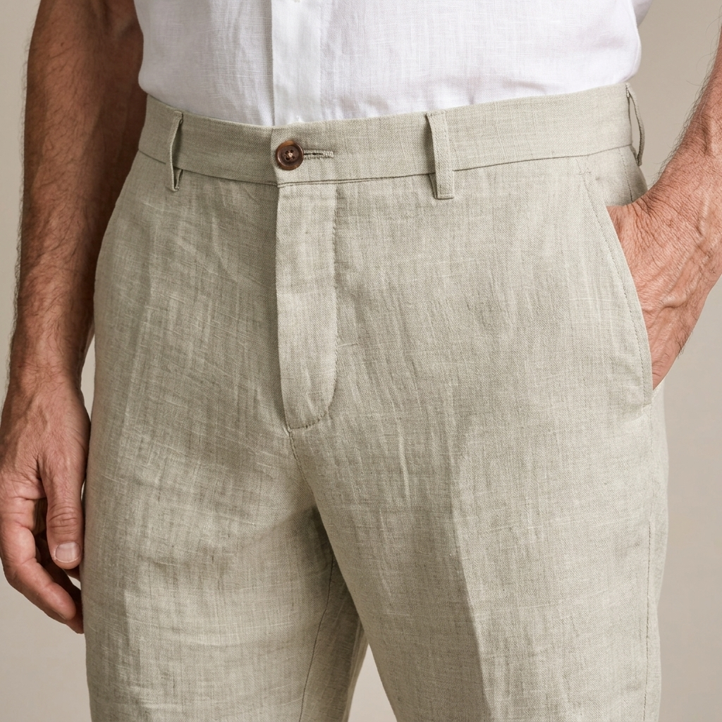 Close-up of Men's Beige Linen Cuffed Shorts detail