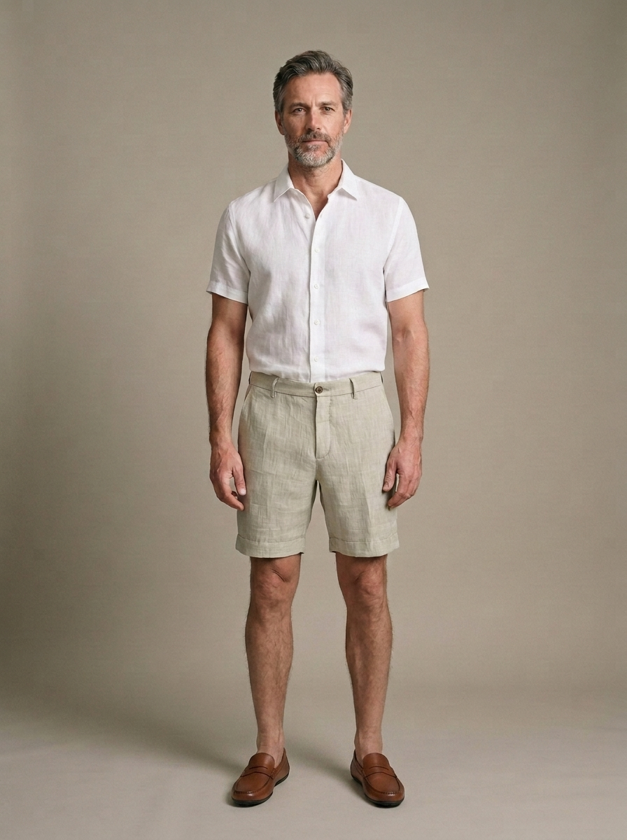Men's Beige Linen Cuffed Shorts worn by a model, front view