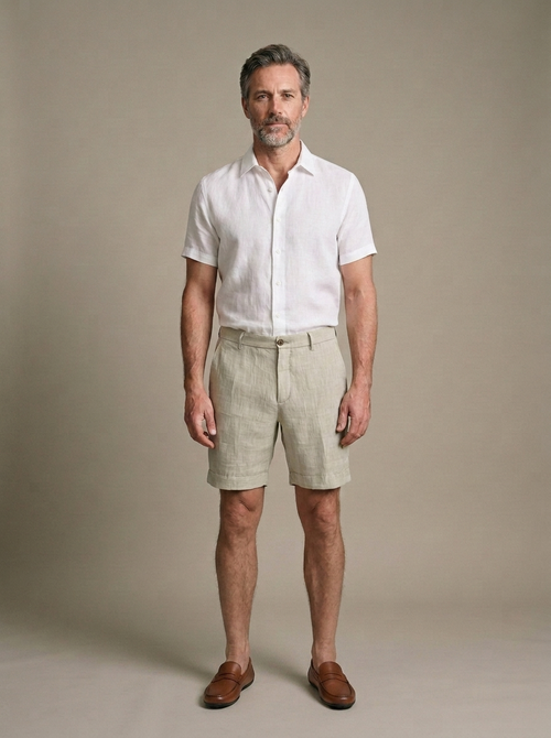 Men's Beige Linen Cuffed Shorts worn by a model, front view