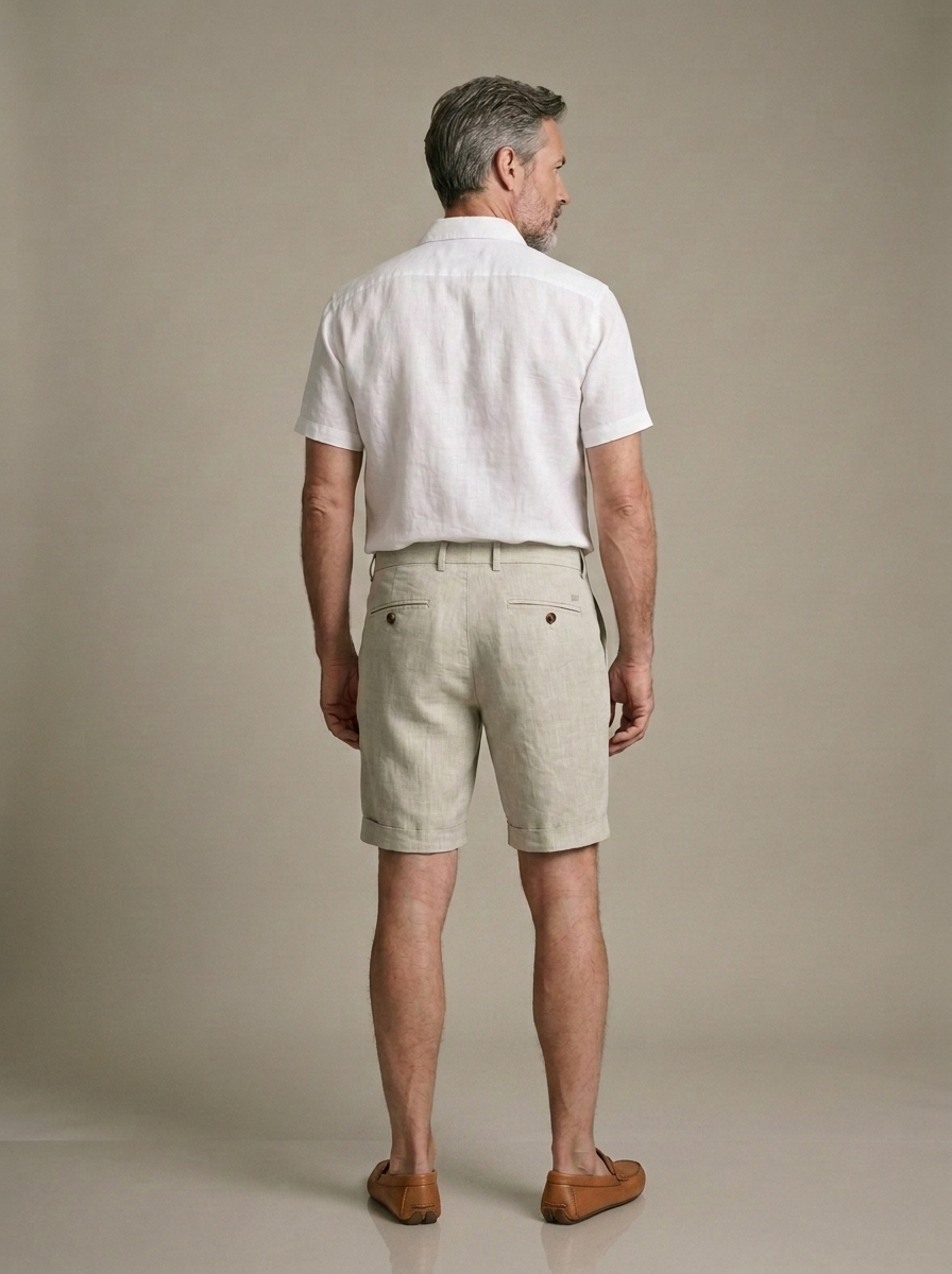 Men's Beige Linen Cuffed Shorts worn by a model, back view