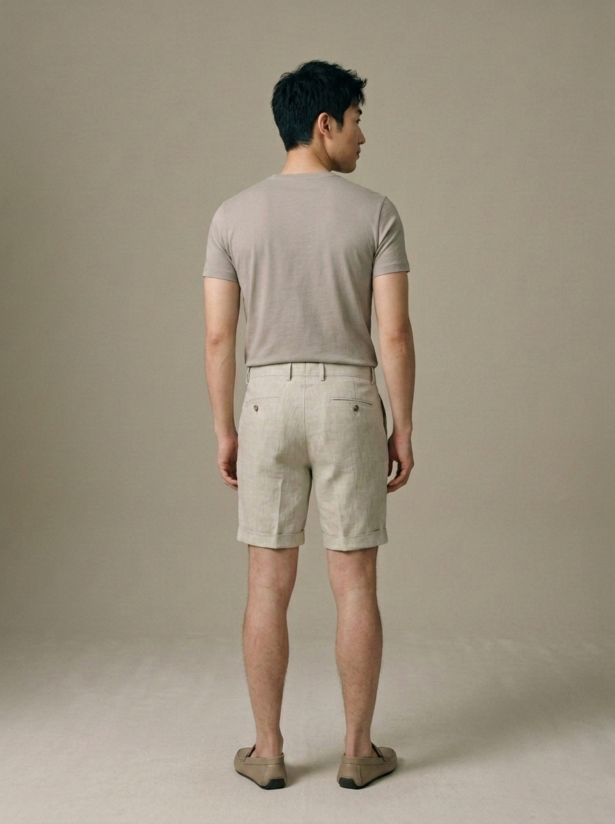 Men's Beige Linen Cuffed Shorts worn by a model, back view