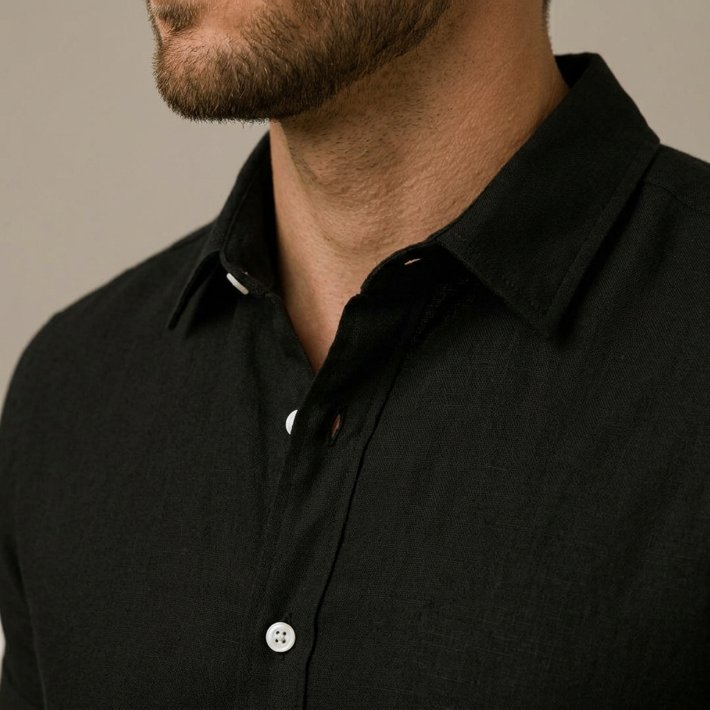 Close-up of Men's Black Linen Short Sleeve Shirt detail