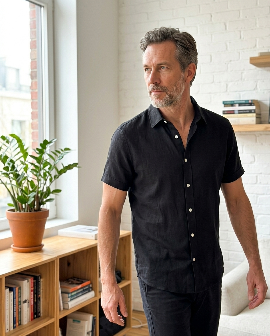 Men's Black Linen Short Sleeve Shirt styled in a daylight interior setting