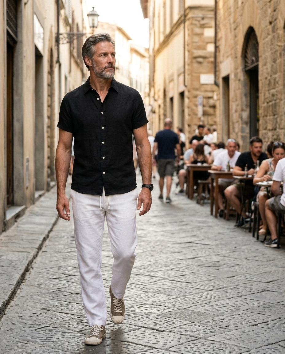 Men's Black Linen Short Sleeve Shirt worn in an everyday street setting