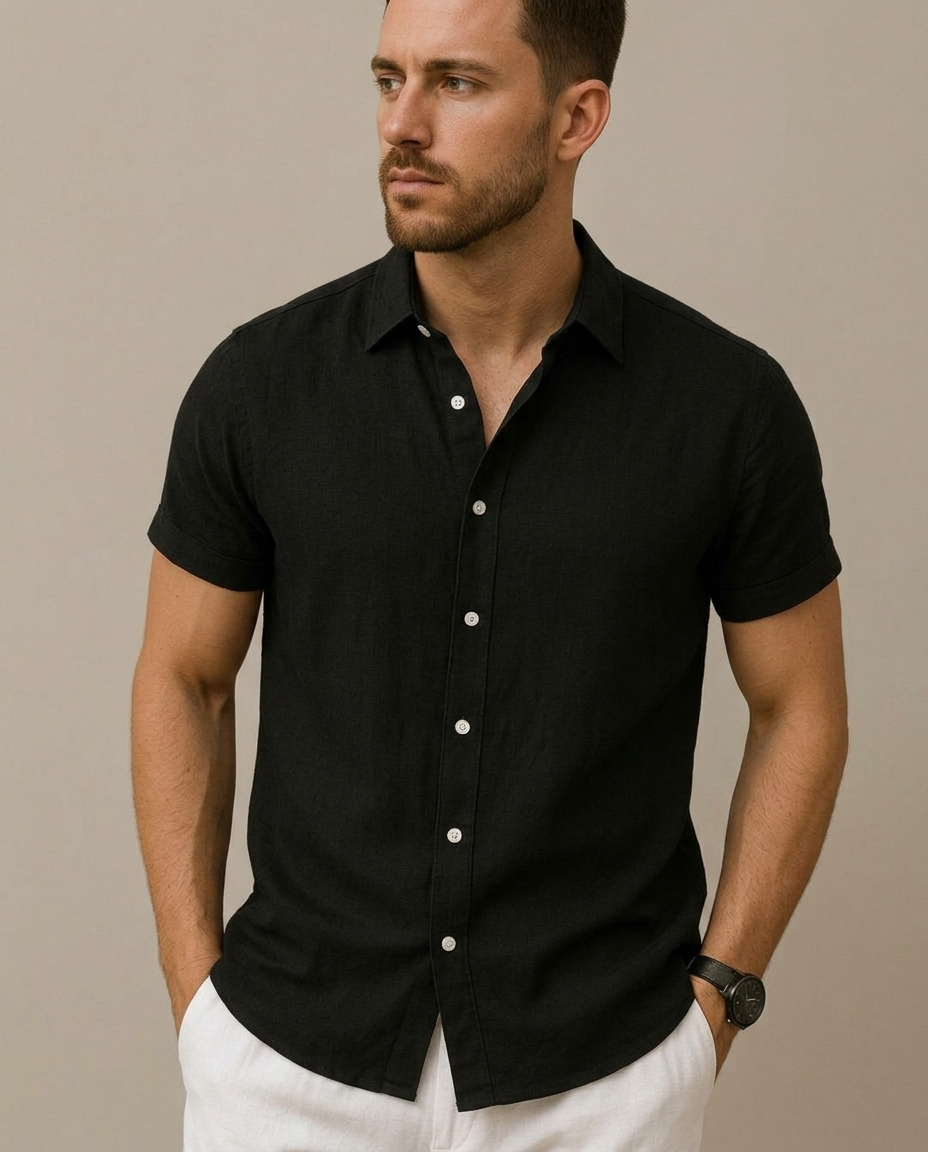 Men's Black Linen Short Sleeve Shirt worn by a model, close waist-up view