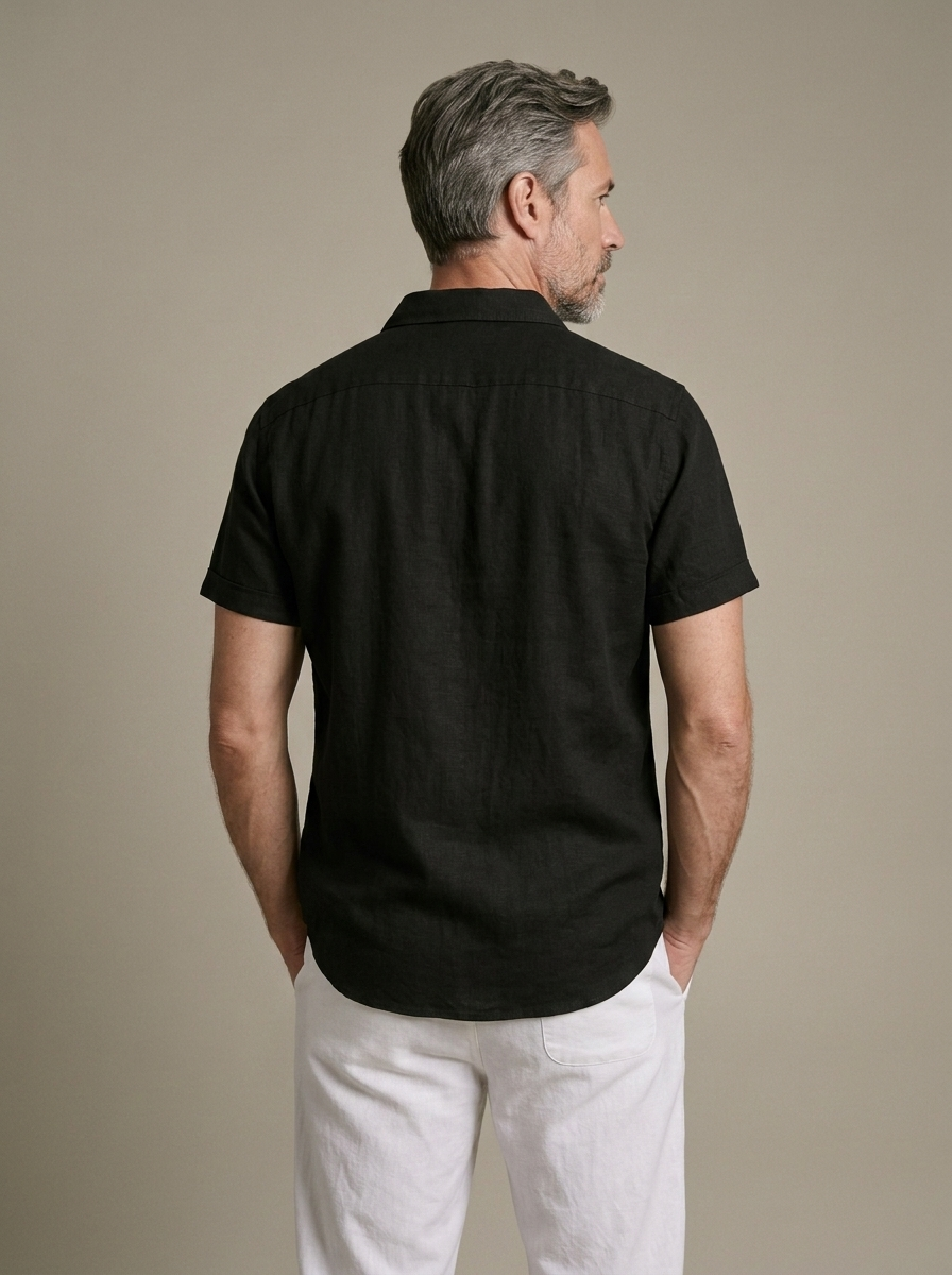 Men's Black Linen Short Sleeve Shirt worn by a model, back view