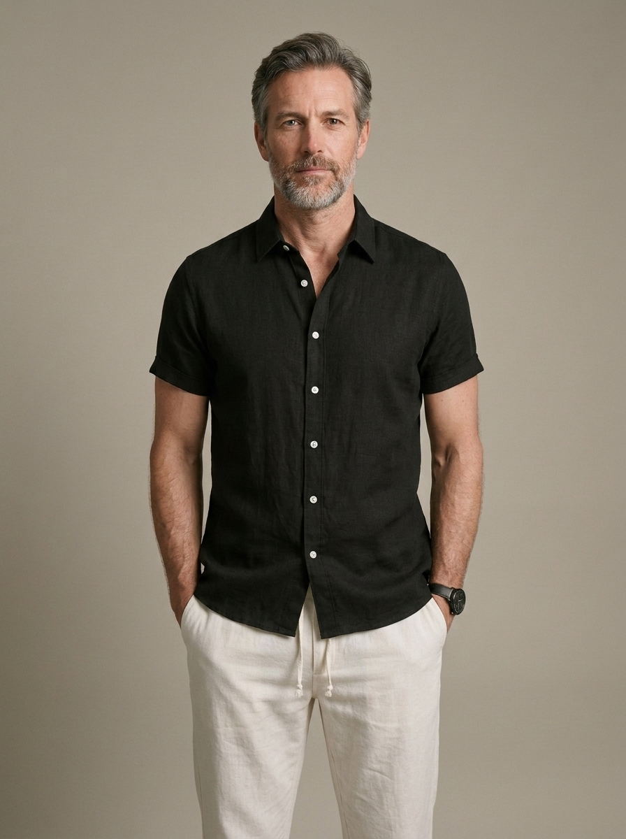 Men's Black Linen Short Sleeve Shirt worn by a model, front view