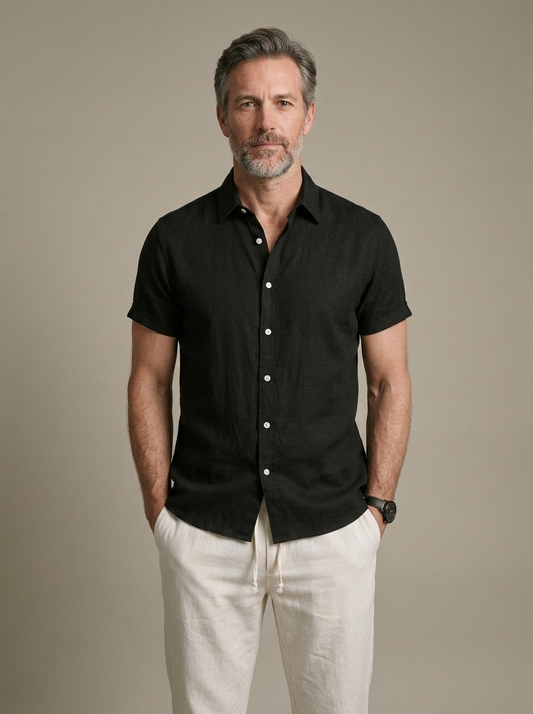 Men's Black Linen Short Sleeve Shirt worn by a model, front view
