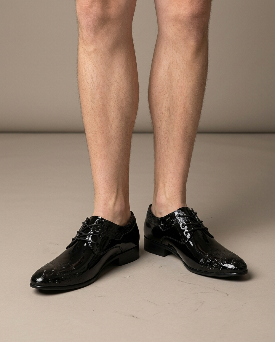 Men's Black Patent Oxford Shoe, Embossed Pattern on the foot