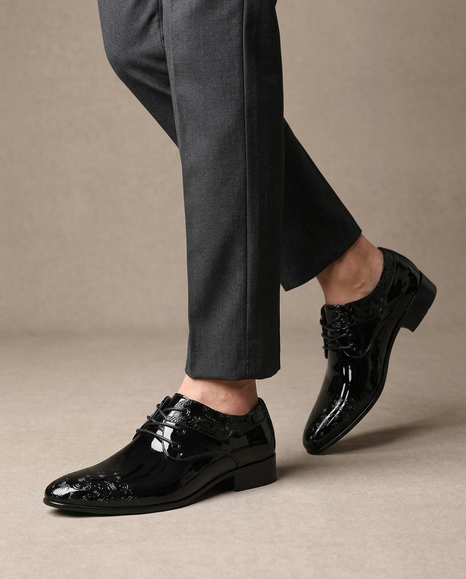Men's Black Patent Oxford Shoe, Embossed Pattern worn, walking
