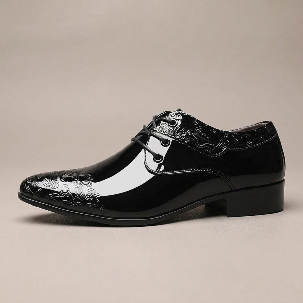 Close-up of Men's Black Patent Oxford Shoe, Embossed Pattern