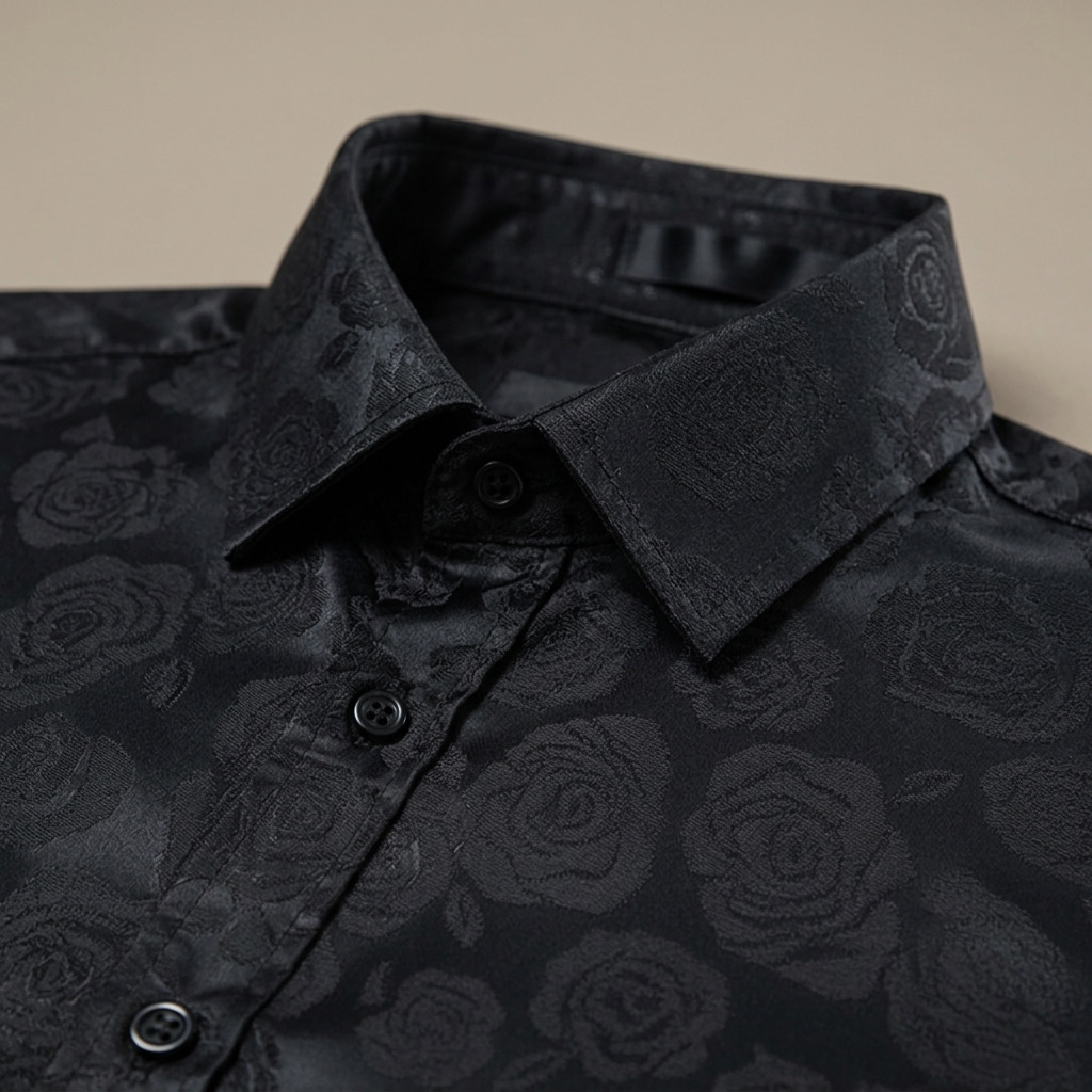 Close-up of Men's Black Rose Jacquard Long Sleeve Shirt fabric and detailing