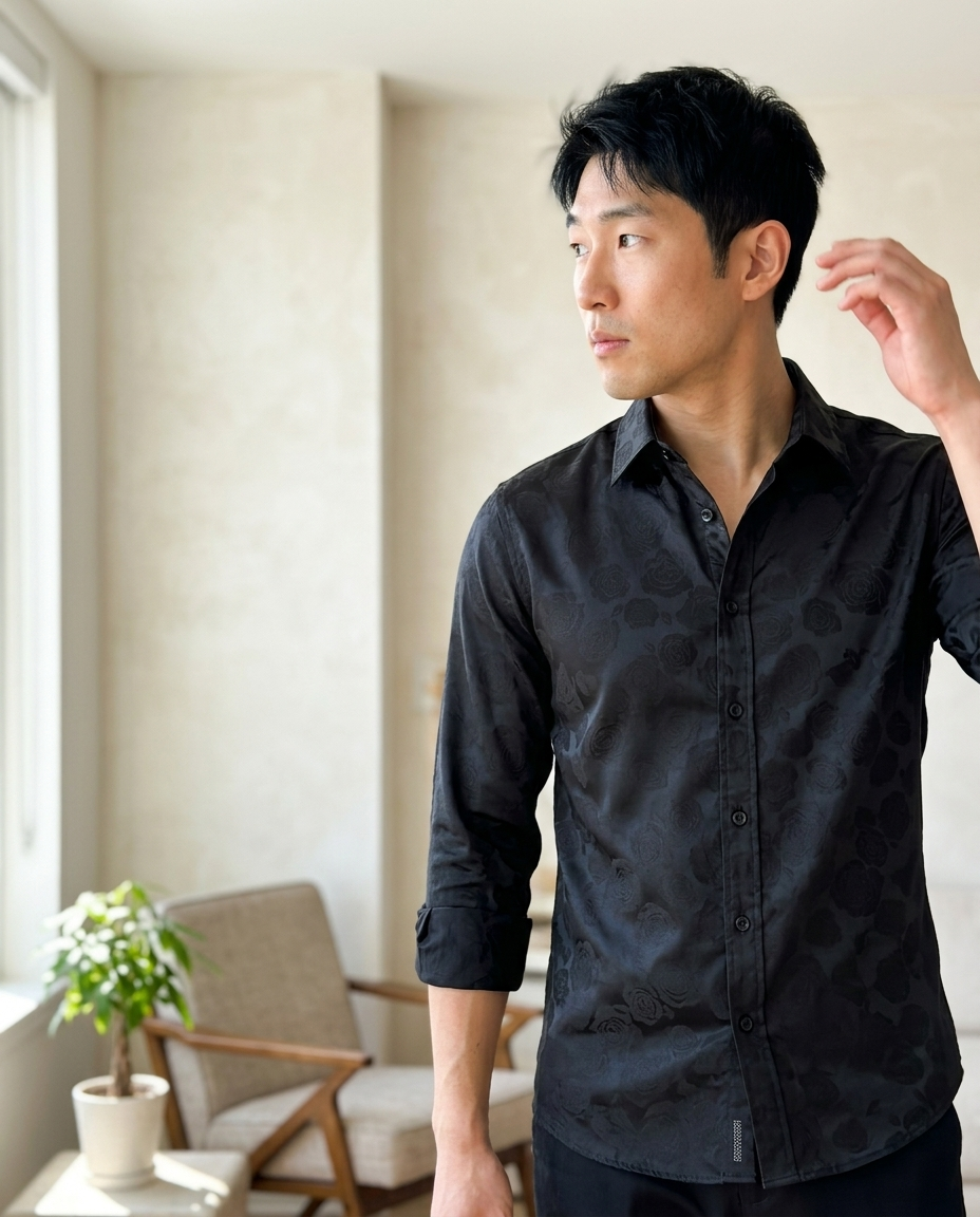 Men's Black Rose Jacquard Long Sleeve Shirt styled in a daylight interior setting
