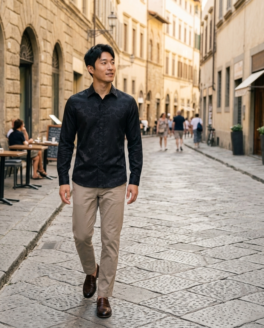 Men's Black Rose Jacquard Long Sleeve Shirt worn in an everyday street setting