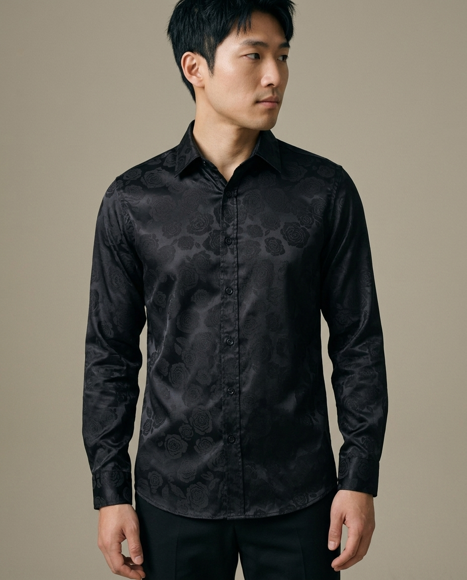 Men's Black Rose Jacquard Long Sleeve Shirt worn by a model, close waist-up view
