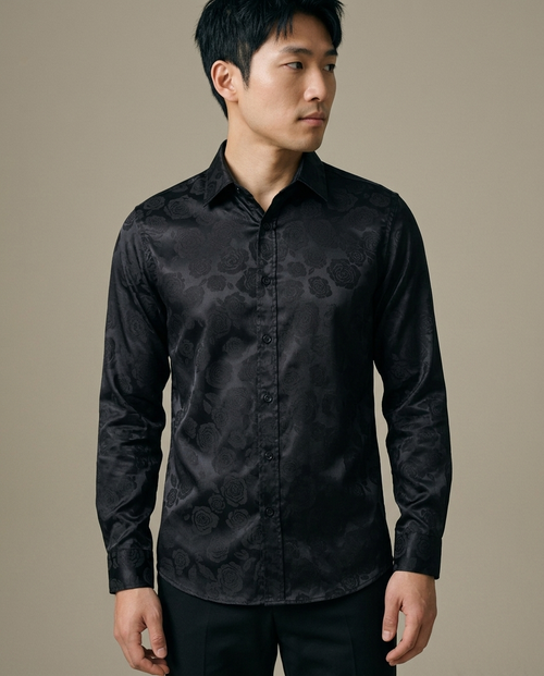 Men's Black Rose Jacquard Long Sleeve Shirt worn by a model, close waist-up view