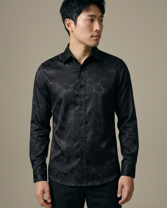 Men's Black Rose Jacquard Long Sleeve Shirt worn by a model, close waist-up view