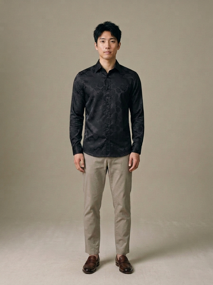 Men's Black Rose Jacquard Long Sleeve Shirt worn by a model, front view