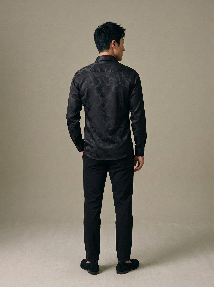 Men's Black Rose Jacquard Long Sleeve Shirt worn by a model, back view