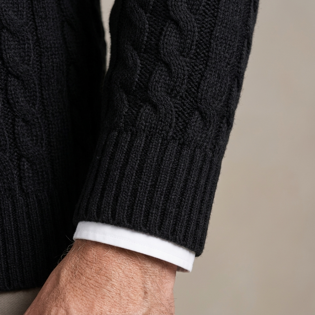 Close-up of Men's Black Shawl Collar Cable Knit Cardigan detail