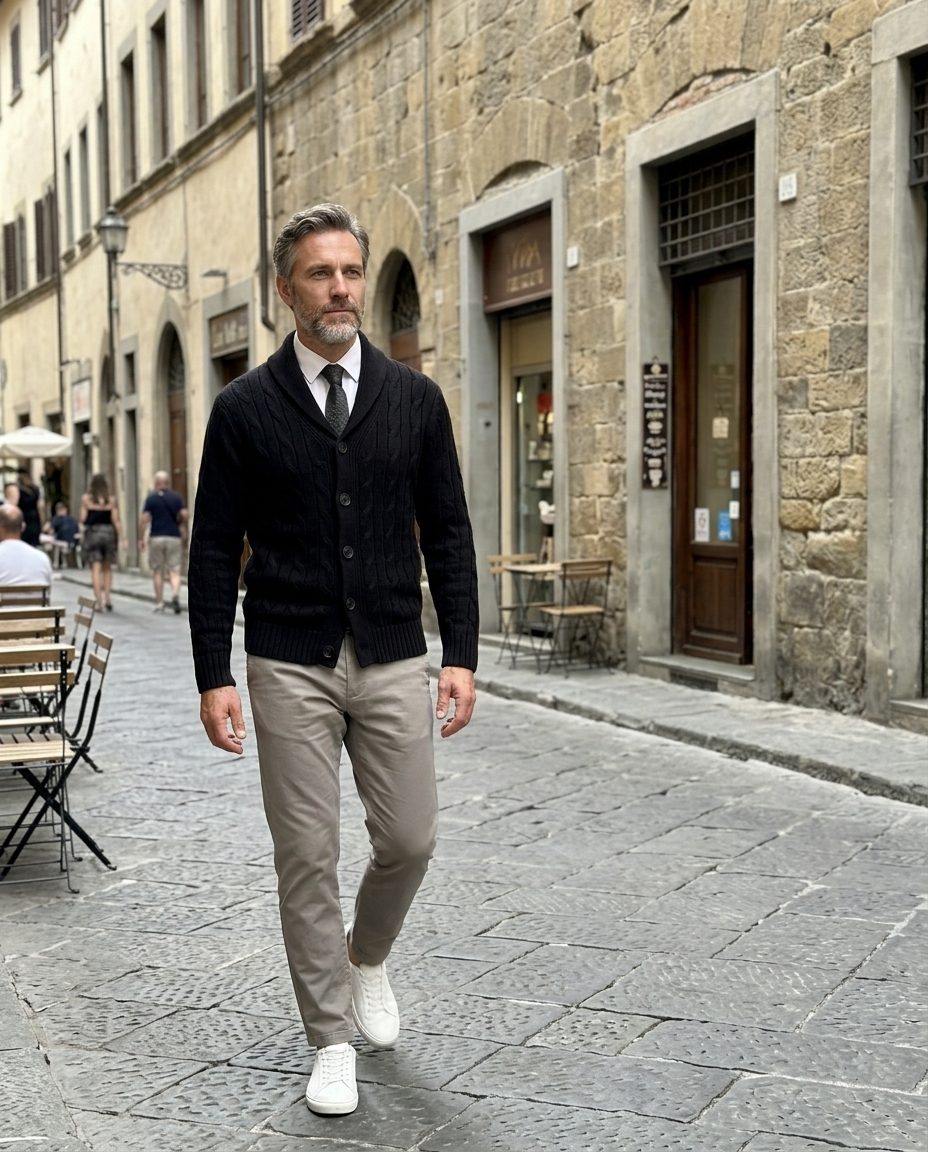 Men's Black Shawl Collar Cable Knit Cardigan worn in an everyday street setting