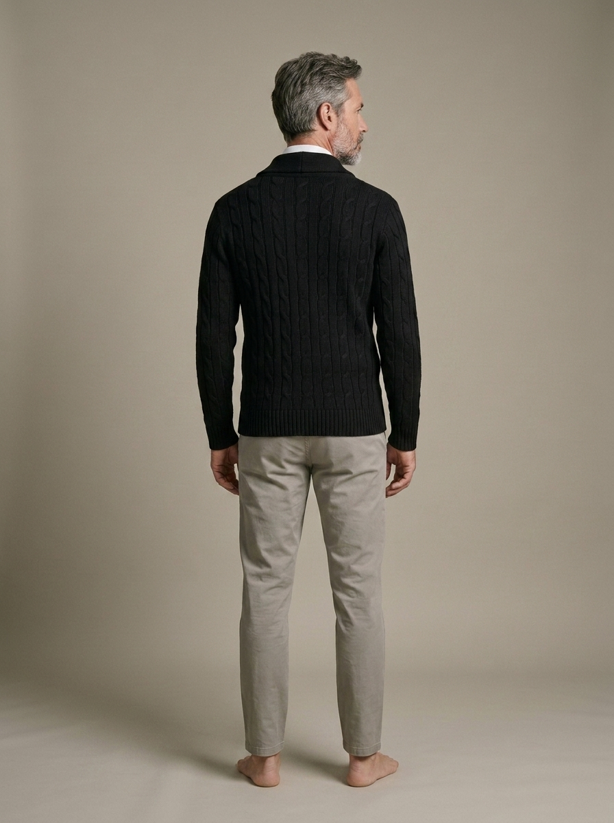 Men's Black Shawl Collar Cable Knit Cardigan worn by a model, back view