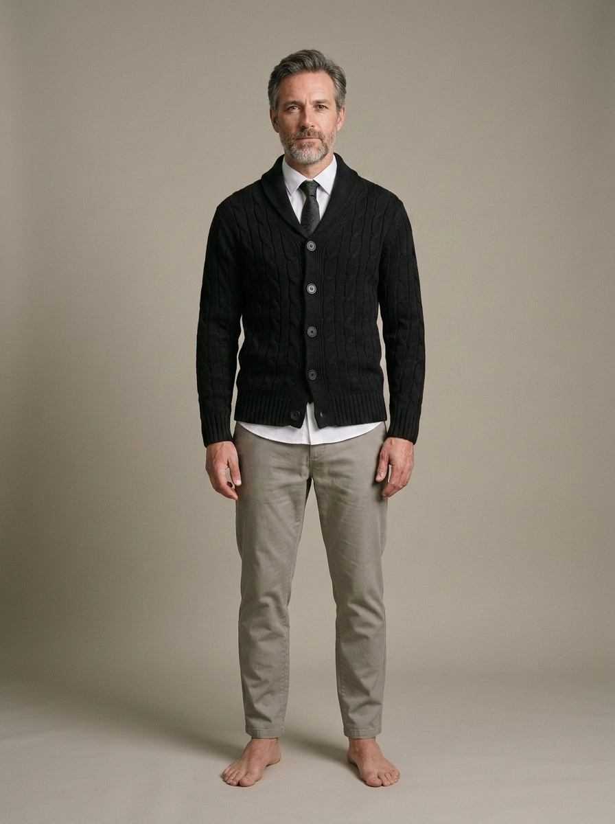 Men's Black Shawl Collar Cable Knit Cardigan worn by a model, front view