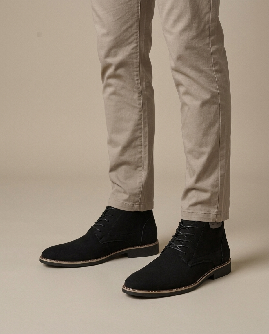 Men's Black Suede-Look Ankle Boots on the foot