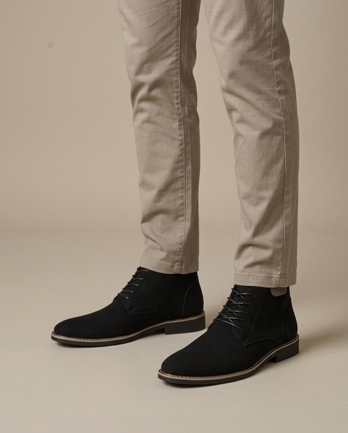 Men's Black Suede-Look Ankle Boots on the foot