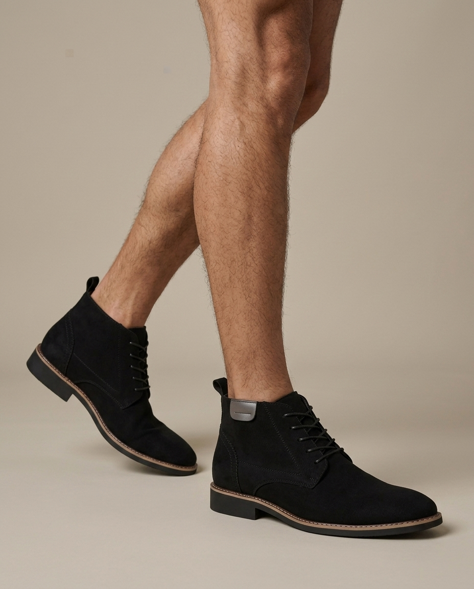Men's Black Suede-Look Ankle Boots worn, walking