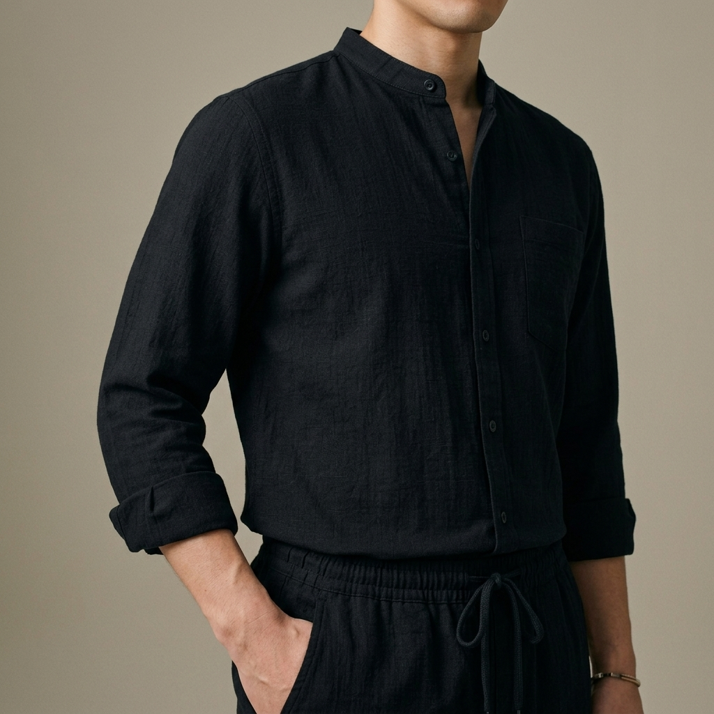 Close-up of Men's Black Textured Band Collar Set detail