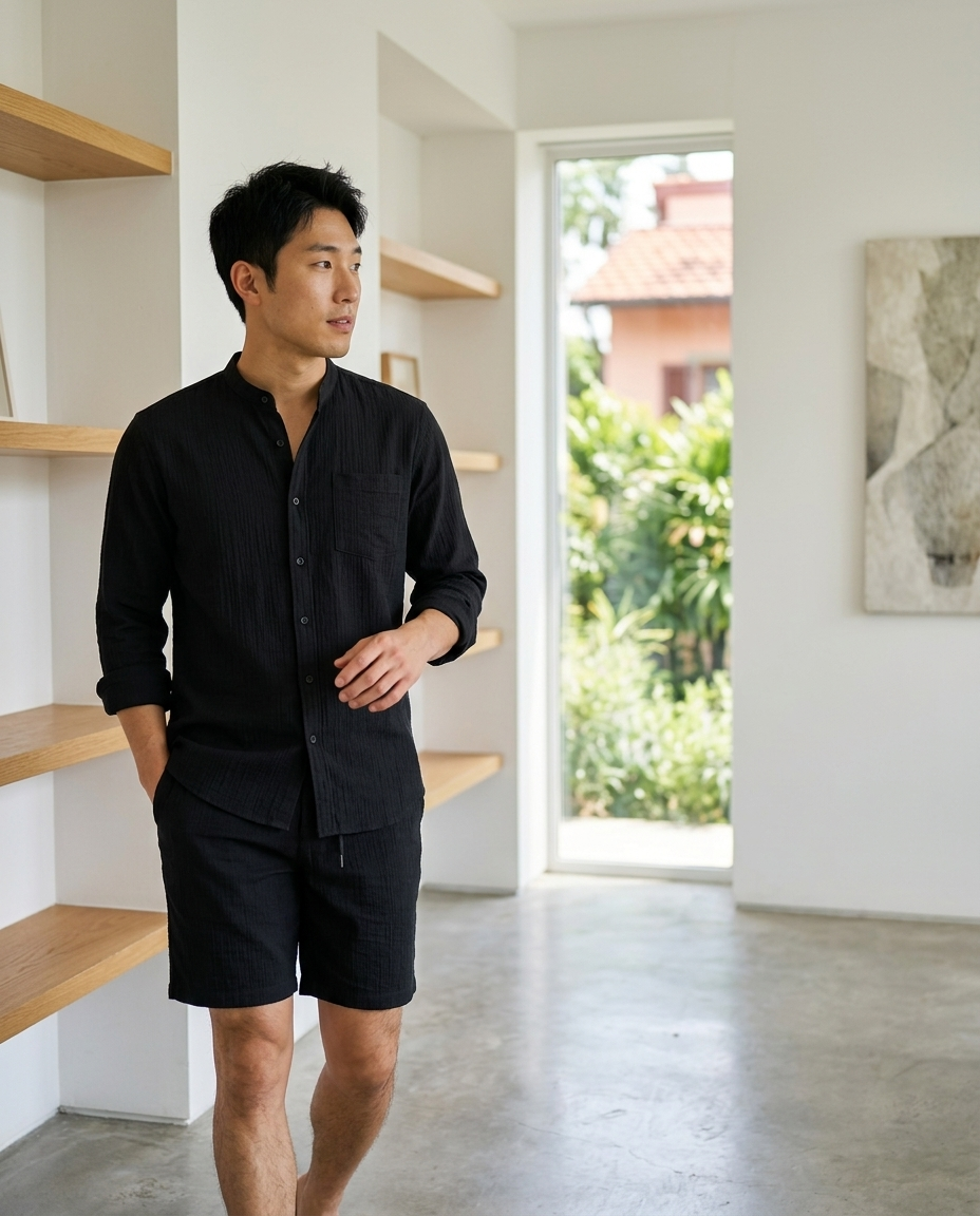 Men's Black Textured Band Collar Set styled in a daylight interior setting