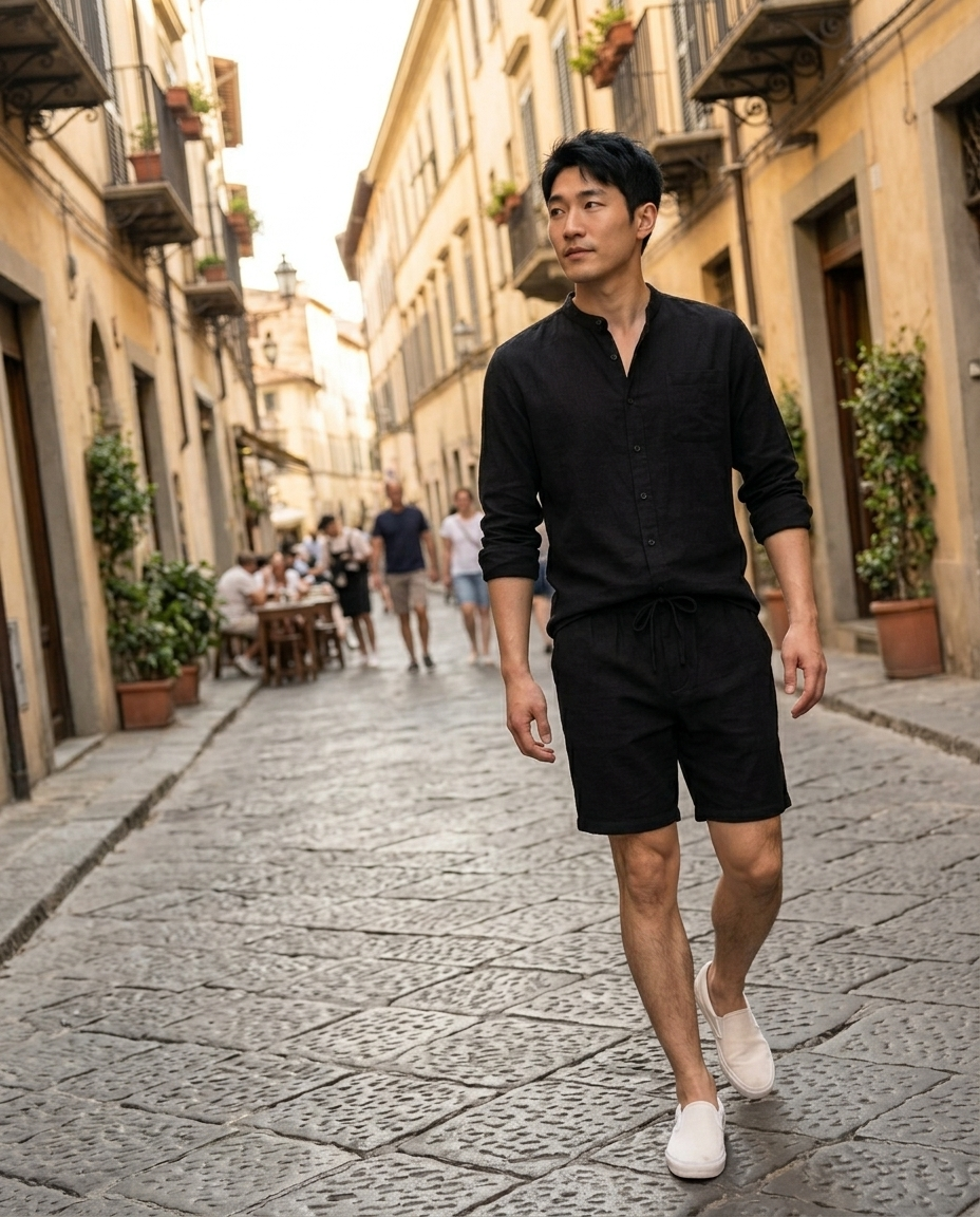 Men's Black Textured Band Collar Set worn in an everyday street setting
